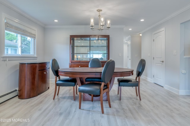 129 Guadeloupe Dr, Toms River, NJ 08757 - dining space featuring a chandelier, light wood-style floors, a baseboard heating unit, ornamental molding, and recessed lighting