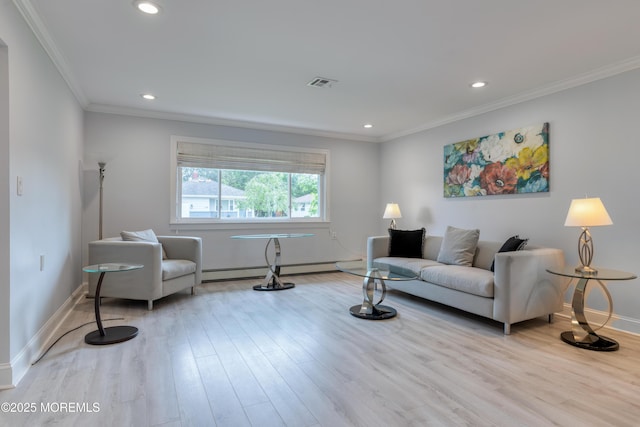 129 Guadeloupe Dr, Toms River, NJ 08757 - living room with wood finished floors, baseboards, ornamental molding, recessed lighting, and a baseboard radiator