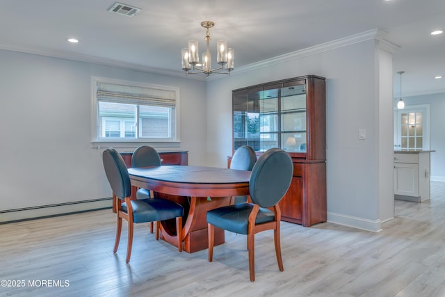 129 Guadeloupe Dr, Toms River, NJ 08757 - dining room featuring ornamental molding, a chandelier, a baseboard heating unit, light wood-type flooring, and baseboards