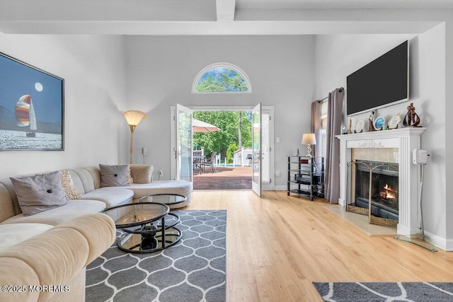 living room featuring wood finished floors, a towering ceiling, and a high end fireplace