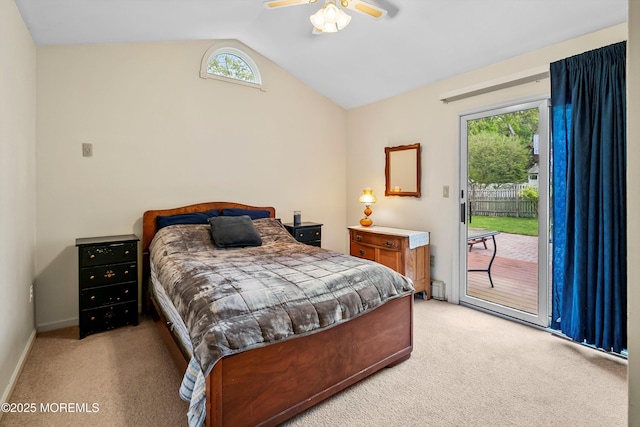bedroom with light colored carpet, lofted ceiling, access to outside, baseboards, and a ceiling fan
