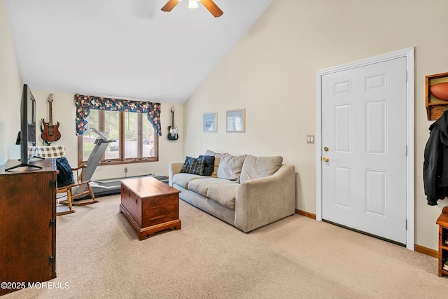 living area featuring carpet floors, a ceiling fan, high vaulted ceiling, and baseboards