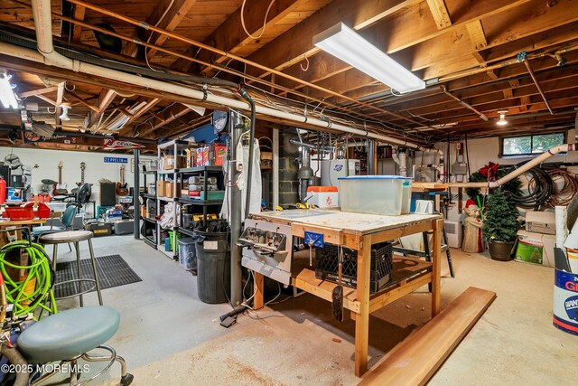 basement with a workshop area