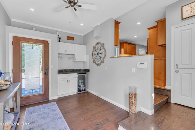 18 Franklin Pkwy, West Long Branch, NJ 07764 - kitchen featuring dark wood-style floors, crown molding, wine cooler, a ceiling fan, and baseboards