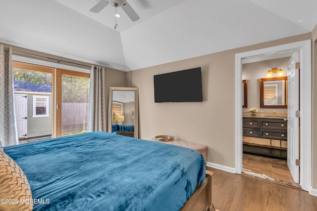 18 Franklin Pkwy, West Long Branch, NJ 07764 - bedroom with vaulted ceiling, wood finished floors, access to exterior, connected bathroom, and baseboards