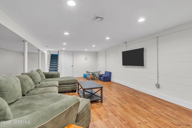 18 Franklin Pkwy, West Long Branch, NJ 07764 - living room featuring stairs, baseboards, light wood-style flooring, and recessed lighting