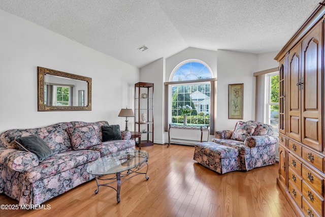 20 Abergele Dr, Toms River, NJ 08757 - living area with vaulted ceiling, a baseboard heating unit, light wood-type flooring, and a textured ceiling