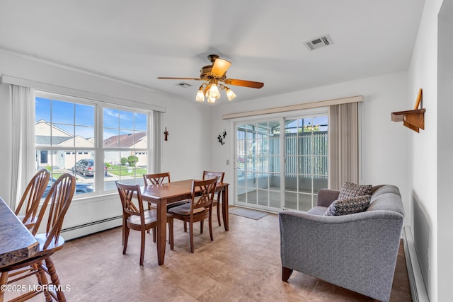 20 Abergele Dr, Toms River, NJ 08757 - dining area with plenty of natural light, a baseboard heating unit, and ceiling fan