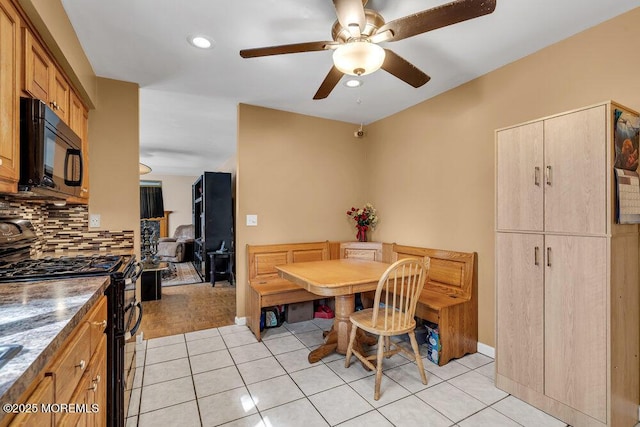 dining space featuring a ceiling fan, light tile patterned floors, and recessed lighting
