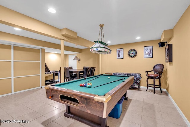 playroom with tile patterned floors, pool table, baseboards, and recessed lighting