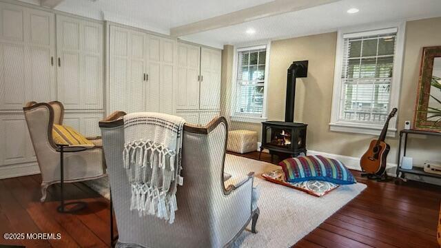 46 Grand Tour, Highlands, NJ 07732 - living room featuring a wood stove, hardwood / wood-style floors, plenty of natural light, and recessed lighting