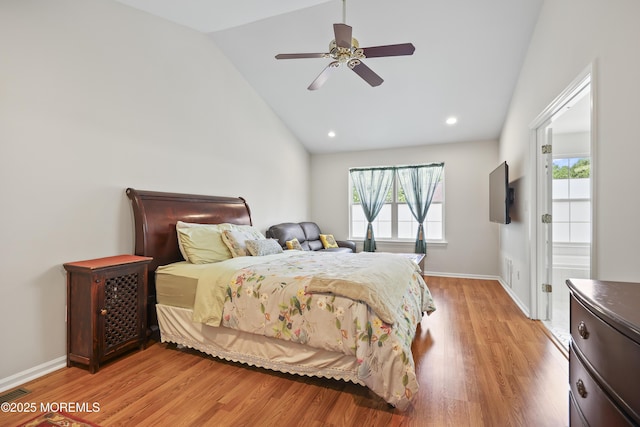 bedroom featuring lofted ceiling, light wood-style floors, baseboards, a ceiling fan, and recessed lighting