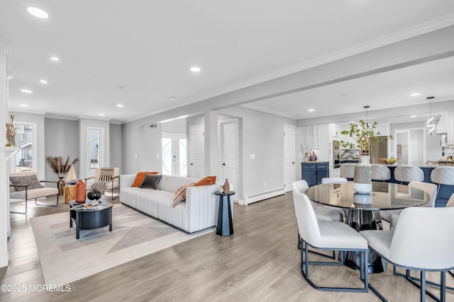 3 Toledo Dr, Brick, NJ 08723 - living room with a baseboard heating unit, light wood-style floors, recessed lighting, and crown molding