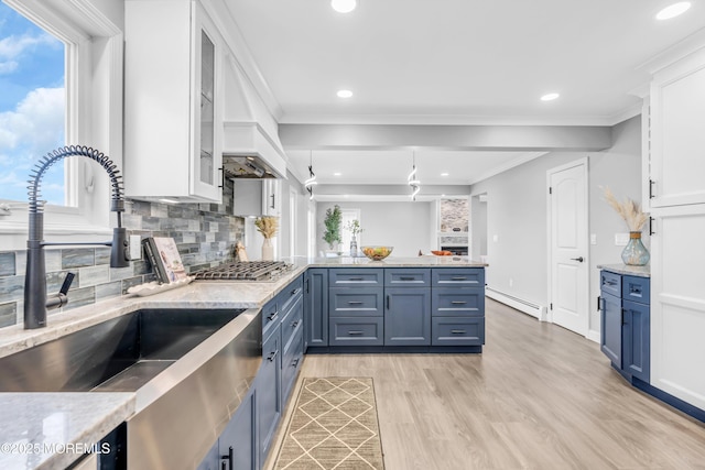 3 Toledo Dr, Brick, NJ 08723 - kitchen with a peninsula, a baseboard radiator, stainless steel gas stovetop, white cabinets, and recessed lighting
