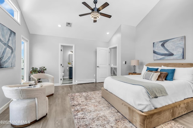 3 Toledo Dr, Brick, NJ 08723 - bedroom with baseboard heating, wood finished floors, high vaulted ceiling, ensuite bath, and a ceiling fan