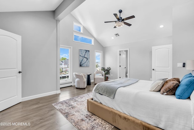 3 Toledo Dr, Brick, NJ 08723 - bedroom featuring a baseboard radiator, high vaulted ceiling, wood finished floors, ceiling fan, and recessed lighting