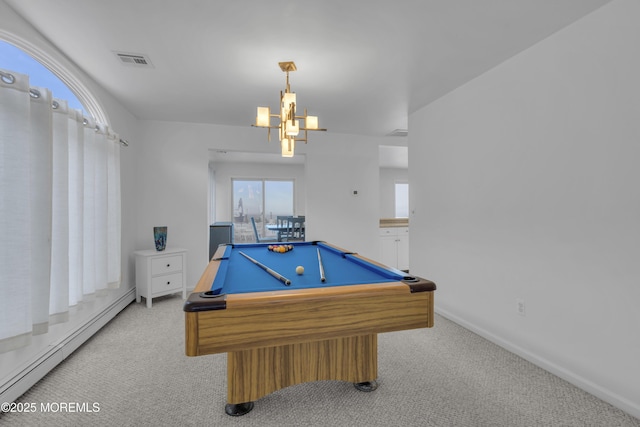687 Princeton Ave, Brick, NJ 08724 - playroom featuring a baseboard heating unit, light carpet, pool table, and a chandelier