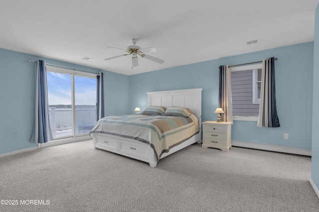687 Princeton Ave, Brick, NJ 08724 - bedroom with a baseboard radiator, carpet flooring, access to outside, baseboards, and ceiling fan