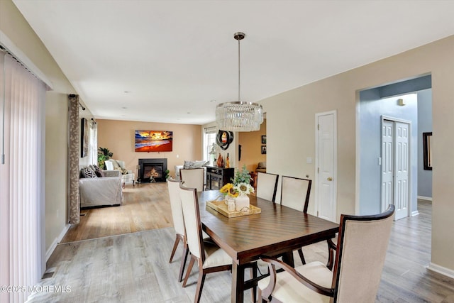 1041 Aumack Rd, Jackson, NJ 08527 - dining space featuring light wood-style floors, a glass covered fireplace, baseboards, and a chandelier