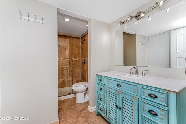 bathroom featuring a stall shower, toilet, vanity, tile patterned flooring, and recessed lighting