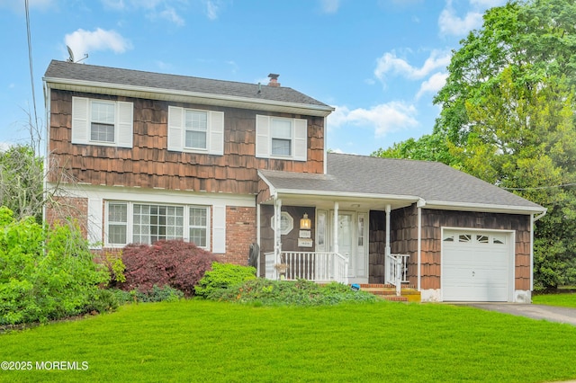 view of front of home featuring an attached garage, a chimney, a front yard, a porch, and asphalt driveway
