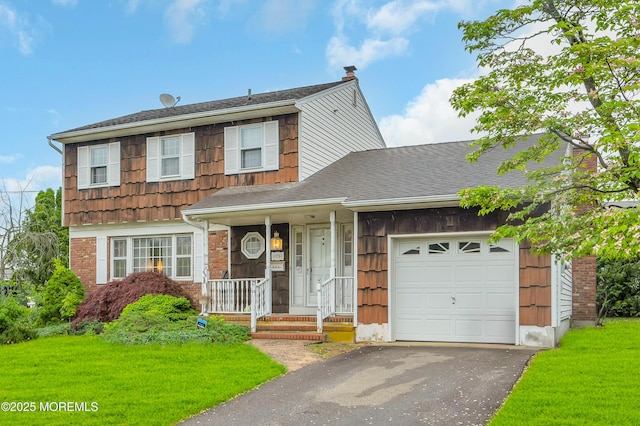 view of front of property featuring a garage, driveway, a front yard, and a shingled roof