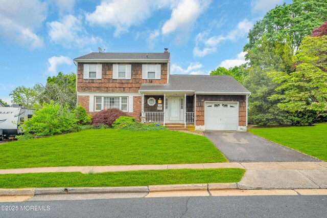 view of front of home featuring a chimney, an attached garage, driveway, a front lawn, and a shingled roof