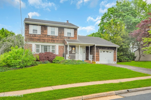 view of front of property featuring an attached garage, a porch, a front yard, driveway, and a shingled roof