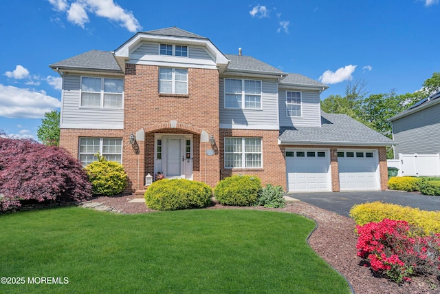 view of front facade featuring brick siding, driveway, a front lawn, and an attached garage