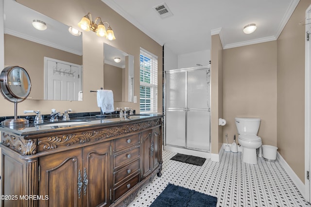full bath featuring toilet, baseboards, a stall shower, ornamental molding, and double vanity