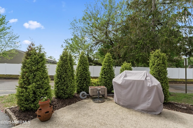 view of patio with a grill and a fenced backyard