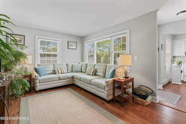 living area with healthy amount of natural light, wood finished floors, and a baseboard radiator