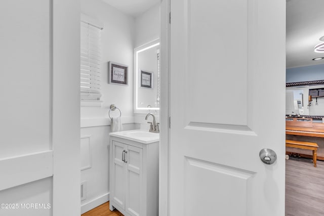 bathroom featuring wood finished floors and vanity