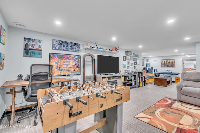 game room with recessed lighting and carpet floors