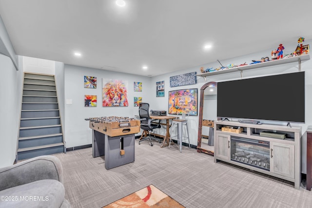 recreation room featuring light colored carpet, recessed lighting, baseboards, and a desk