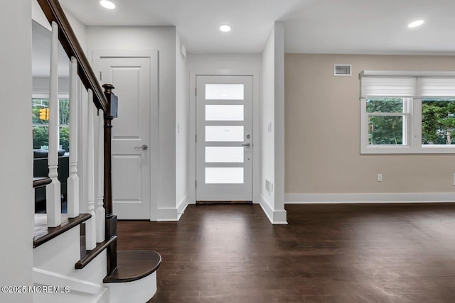 523 Norwood Ave, Long Branch, NJ 07740 - entryway with dark wood-type flooring, healthy amount of natural light, baseboards, stairs, and recessed lighting