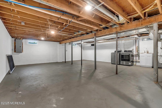 523 Norwood Ave, Long Branch, NJ 07740 - below grade area featuring washer and dryer, electric panel, and concrete block wall