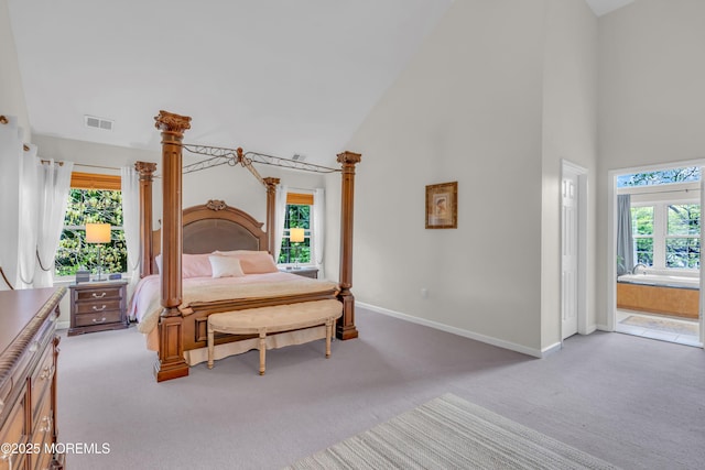 1042 Maxim Southard Rd, Howell, NJ 07731 - bedroom with light carpet, high vaulted ceiling, and baseboards