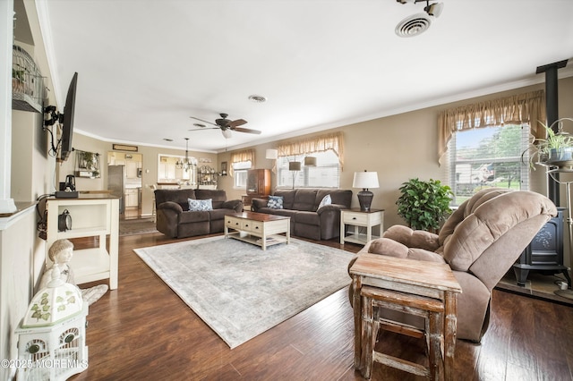 17B Drake St, Whiting, NJ 08759 - living area with ceiling fan, crown molding, and dark wood-type flooring