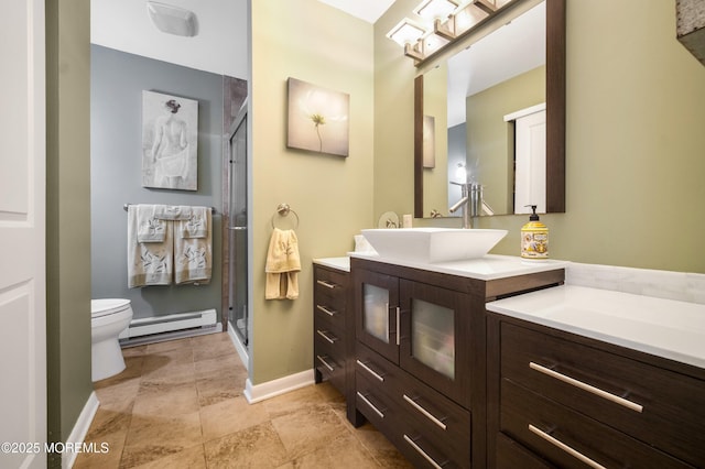17B Drake St, Whiting, NJ 08759 - bathroom with a baseboard heating unit, toilet, baseboards, a stall shower, and vanity