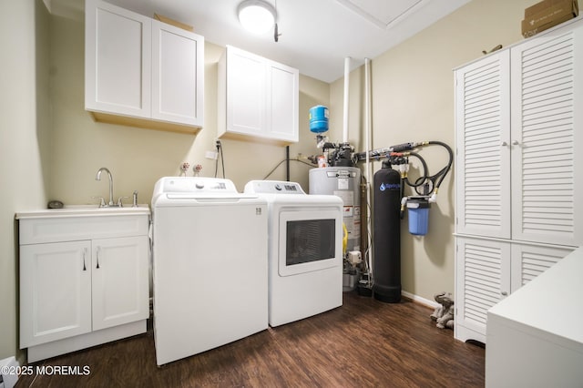 17B Drake St, Whiting, NJ 08759 - clothes washing area with independent washer and dryer, gas water heater, dark wood-style floors, cabinet space, and baseboards