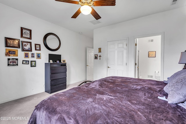 bedroom featuring carpet floors, baseboards, and a ceiling fan