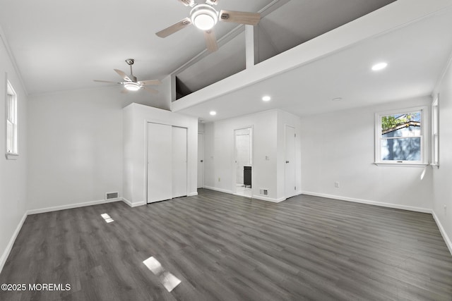 15 Lark Ln, Brick, NJ 08724 - unfurnished living room with ceiling fan, vaulted ceiling, baseboards, dark wood-type flooring, and recessed lighting