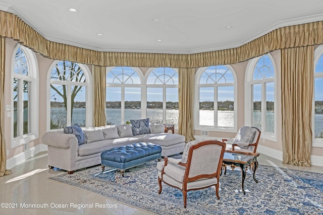 1015 Forrest Rd, Brielle, NJ 08730 - sunroom / solarium with a water view, baseboards, recessed lighting, and ornamental molding