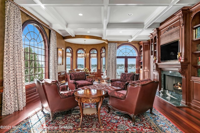 1015 Forrest Rd, Brielle, NJ 08730 - living room featuring wood finished floors, coffered ceiling, a high end fireplace, beam ceiling, and recessed lighting