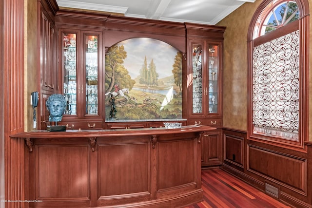 1015 Forrest Rd, Brielle, NJ 08730 - bar with ornamental molding, dark wood-style flooring, and a decorative wall