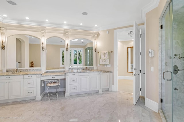 1015 Forrest Rd, Brielle, NJ 08730 - full bathroom with crown molding, a shower stall, two vanities, marble look tile flooring, and recessed lighting