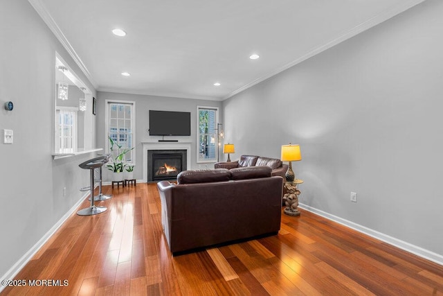 59 Inwood Dr, Manalapan, NJ 07726 - living room featuring a fireplace with flush hearth, wood finished floors, baseboards, ornamental molding, and recessed lighting