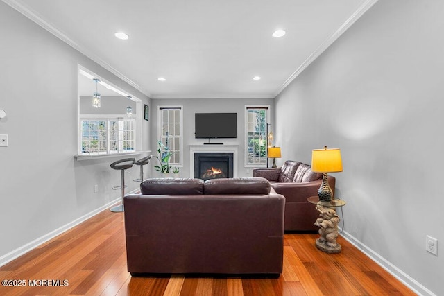 59 Inwood Dr, Manalapan, NJ 07726 - living room featuring wood finished floors, plenty of natural light, a lit fireplace, ornamental molding, and baseboards