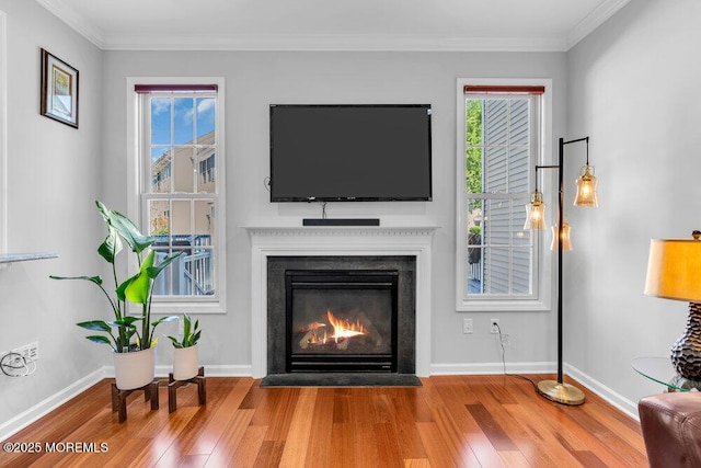 59 Inwood Dr, Manalapan, NJ 07726 - living room featuring wood finished floors, a glass covered fireplace, ornamental molding, and baseboards
